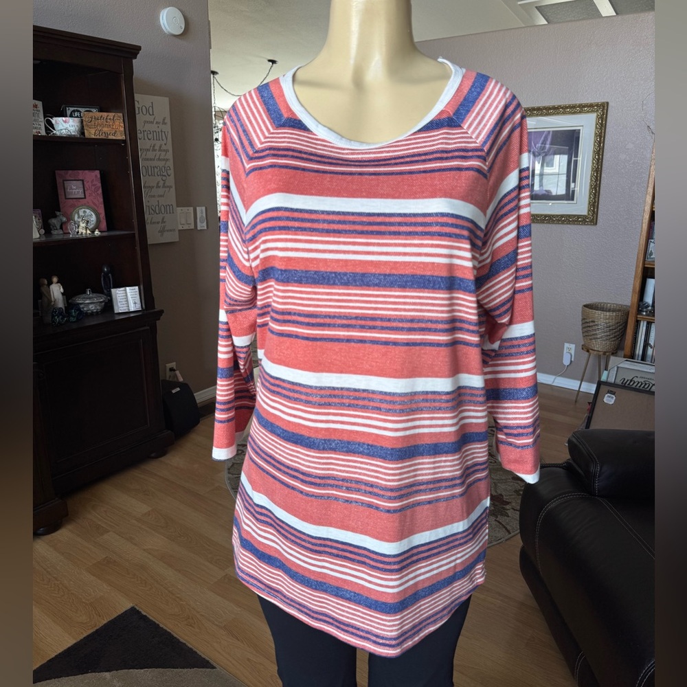 Lularoe blue, red & white striped 3/4 sleeves tunic-size XL
